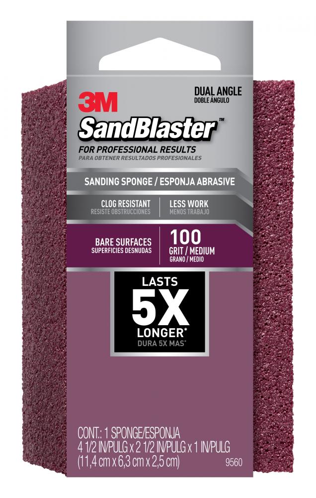 3M™ SandBlaster™ Sanding Sponge 9560, Dual Angle, 100 Grit, 4 1/2 in x 2 1/2 in x 1 in, 1/Pack
