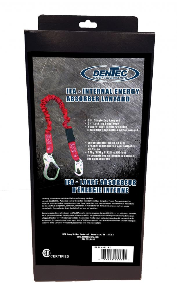 6FT IEA SINGLE LEG LANYARD W/2-1/4HOOK R