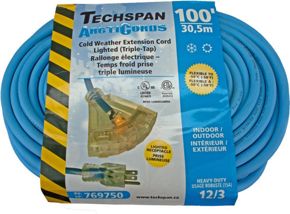 EXTENSION CORD COLD WTHR 3TAP BLUE 12/3 100FT