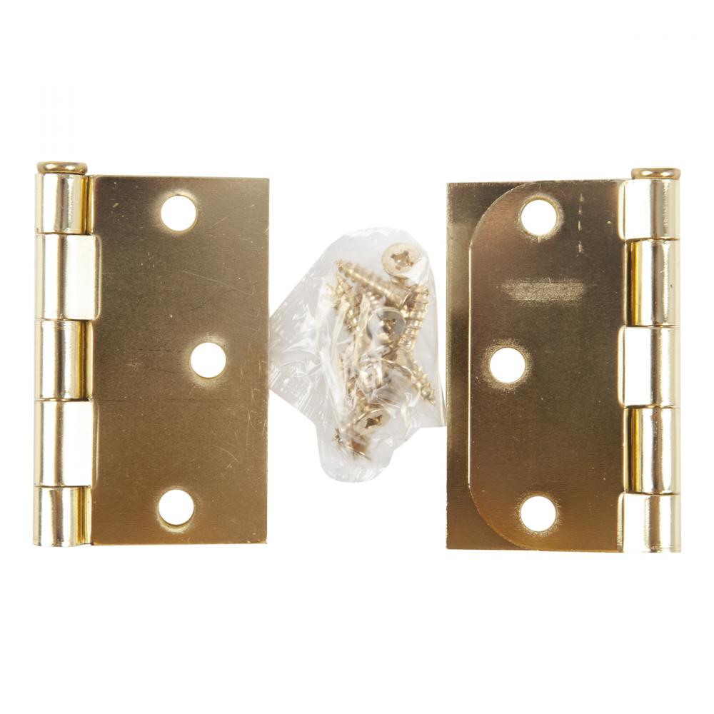 2PC Door Hinge 3in x 3in Round Corner 5/8in & Square Corner Brass Plated Steel