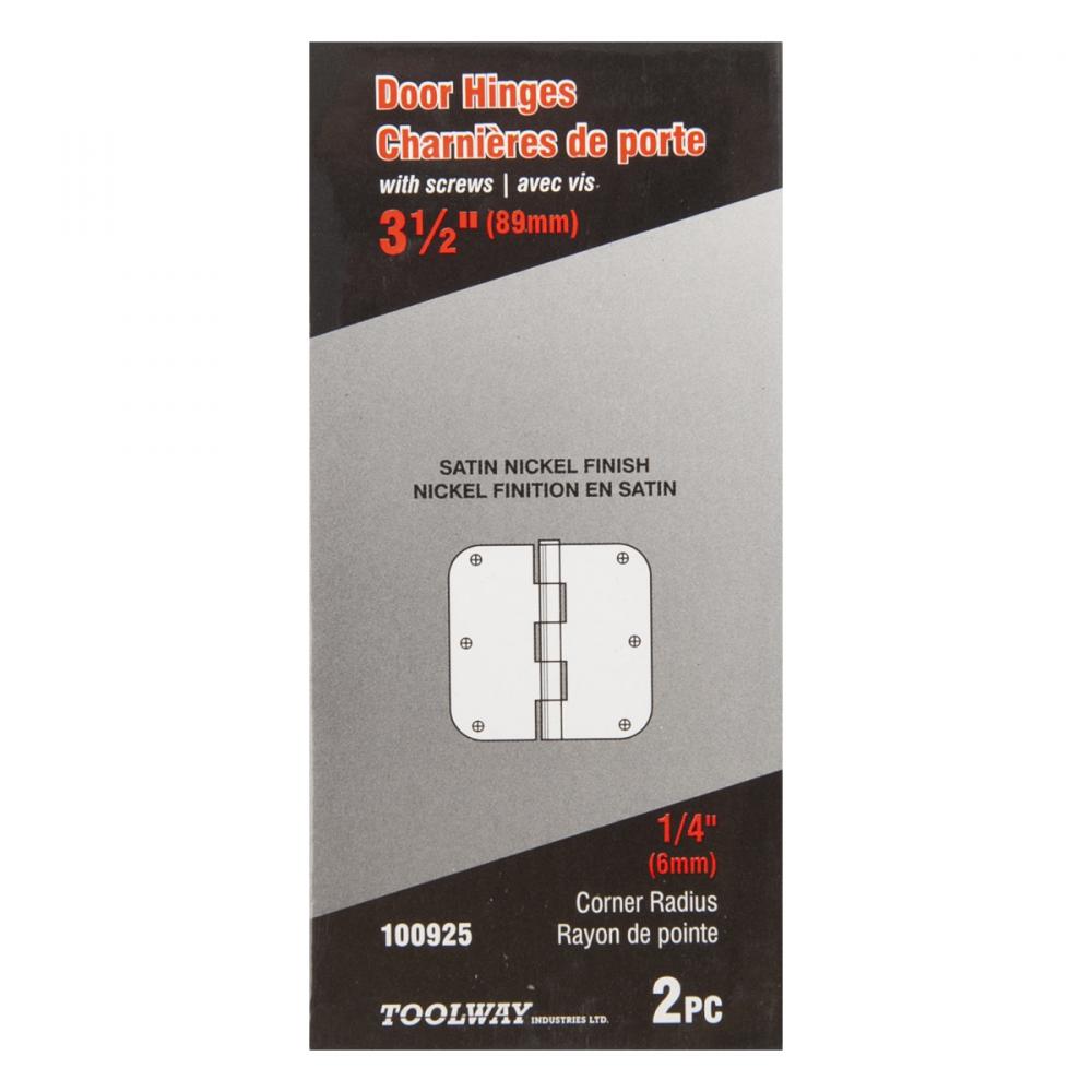 2PC Door Hinge 3 ½in x 3 ½in Round Corner ¼in Satin Nickel Steel