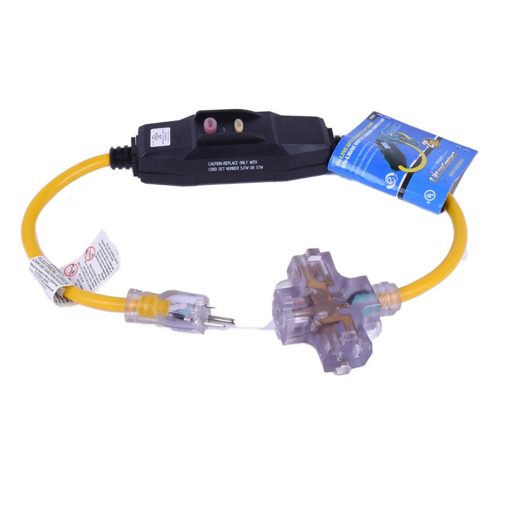Extension Cord In-line GFCI with Manual Reset AWG 12/3 Triple Tap 15Amp/125V 2ft/0.6m
