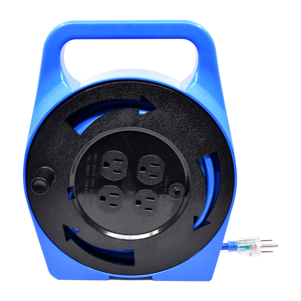 Extension Cord Outdoor SJTW 16/3 in Plastic Storage Reel 4-Tap GFI Blue 25ft
